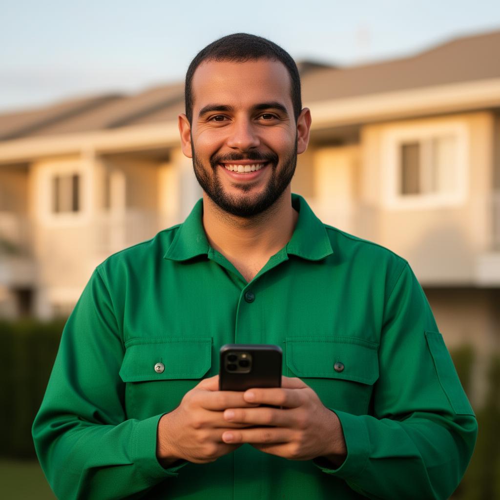 Técnico de ar-condicionado sorrindo com celular na mão
